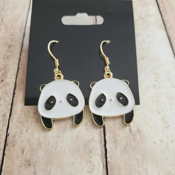 Gold Panda Face Earrings, Wildlife Jewelry - Picture 6 of 7
